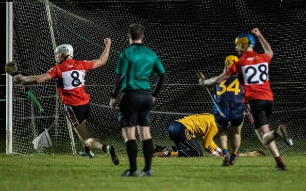 Conor Browne and Dara Walsh celebrate a winning penalty in the last seconds of extra-time