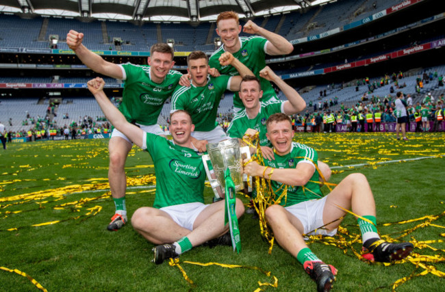 Kevin Downes, Mike Casey, William O'Donoghue, Shane Dowling, David Dempsey and Peter Casey all from Na Piarsaigh GAA celebrate