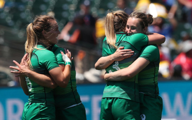 Ireland&rsquo;s Aoife Doyle Stacey Flood and Eve Higgins celebrate at the end of the game