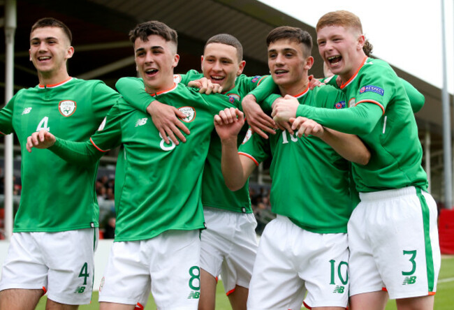 Troy Parrott celebrates scoring their first goal with teammates