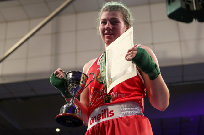 Aoife O’Rourke celebrates with the trophy