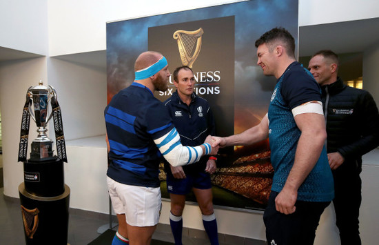 Leonardo Ghiraldini, Peter O'Mahony and Glen Jackson with Simone Rugiati at the coin toss