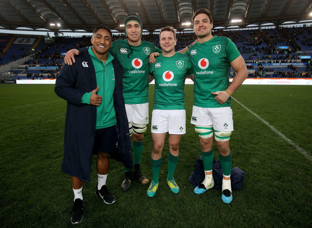 Bundee Aki, Ultan Dillane, Jack Carty and Quinn Roux after the game