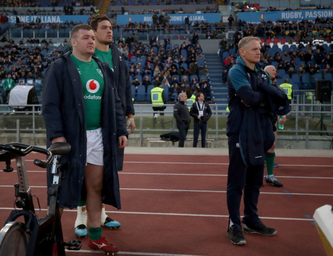 Dave Kilcoyne, Quinn Roux and Joe Schmidt during the final moments of the game