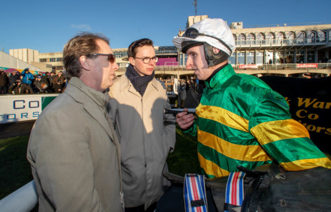 Charlie Swan, Joseph O'Brien and Mark Walsh after winning The Frank Ward Solicitors Arkle Novice Steeplechase with Le Richebourg