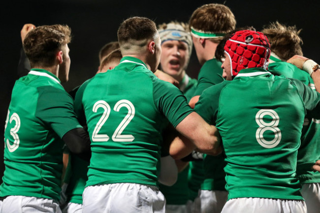 Liam Turner, Sean French and John Hodnett celebrate Cormac Foley's try