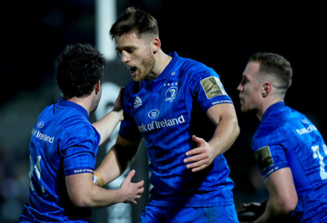 Paddy Patterson celebrates scoring a try with Ross Byrne