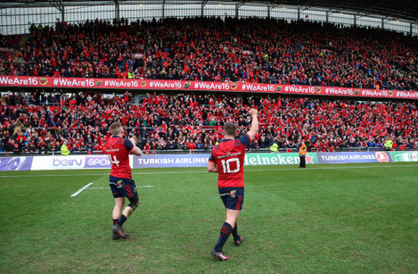 Andrew Conway and Ian Keatley celebrate after the game