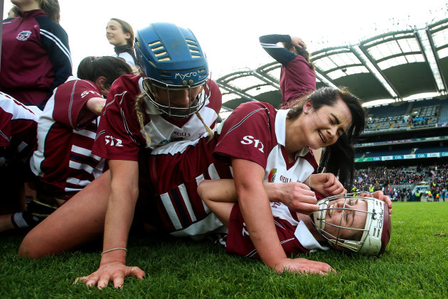 Dervlagh McGuigan, Mary Kelly and Eiliis Ni Chaiside celebrate at the final whistle