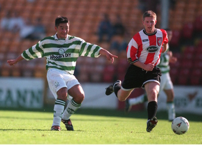 Jason Sherlock (Rovers) shoots ahead of Paul Hegarty (Derry) 20/9/1998