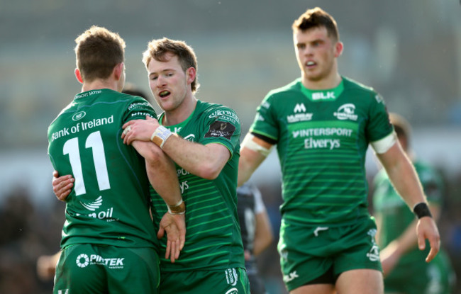 Matt Healy celebrates his sides second try with Kieran MarmionC