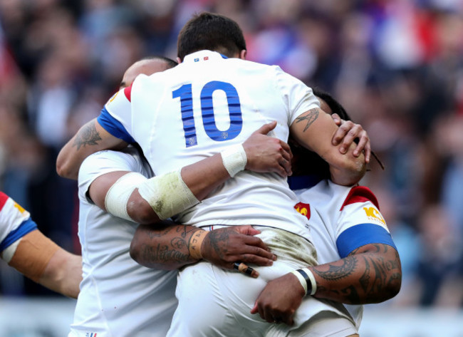 Romain Ntamack celebrates scoring their first try with teammates