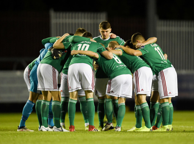 Cork City players gather for a huddle