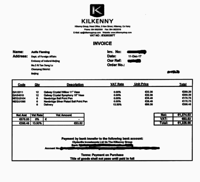 Gifts invoice