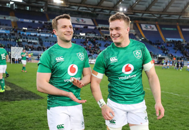 Jack Carty and Josh van der Flier celebrate winning