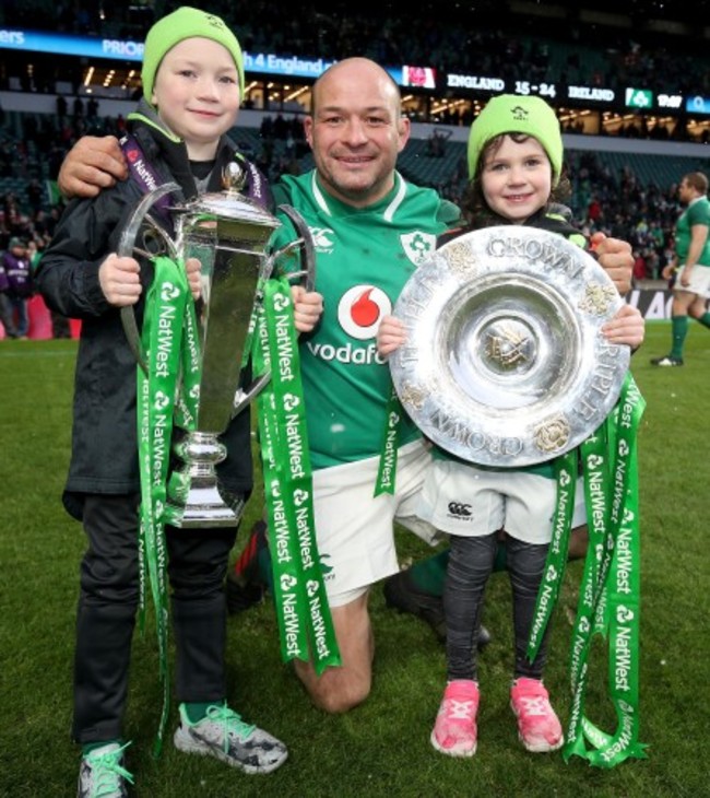 Rory Best celebrates winning with his children Ben and Penny