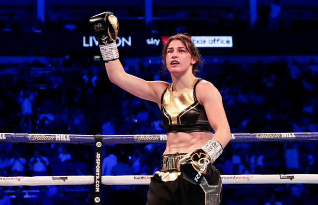 Katie Taylor celebrates after the fight