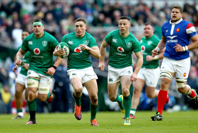 Jordan Larmour supported by John Cooney and CJ Stander