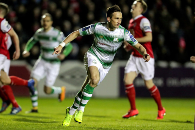 Aaron McEneff celebrates scoring a goal