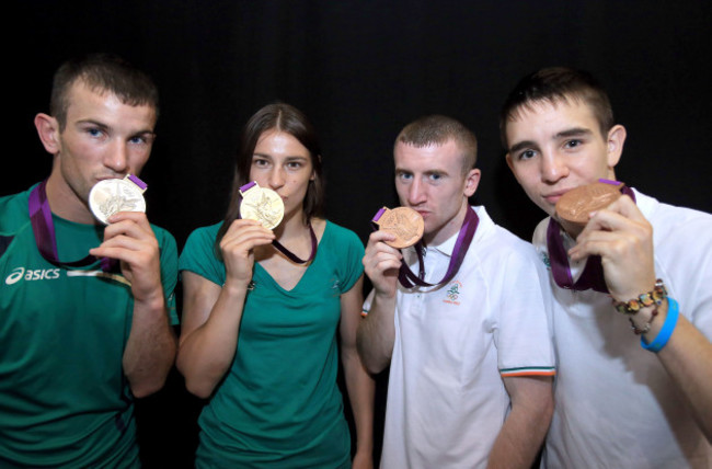 John Joe Nevin, Katie Taylor, Paddy Barnes and Michael Conlan show off their medals