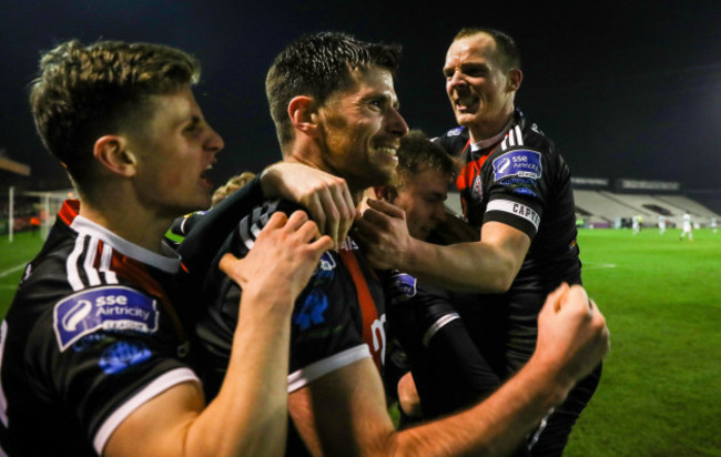 Dinny Corcoran celebrates scoring the first goal from a penalty