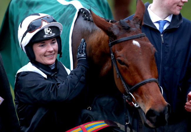 Katie Walsh celebrates with Relegate after winning