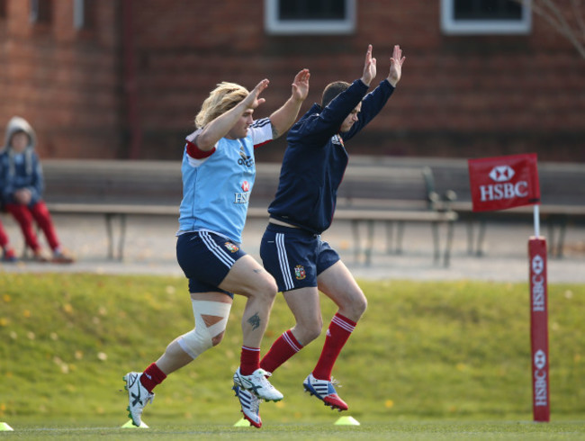 British and Irish Lion's Richard Hibbard and Jonathan Sexton during the training