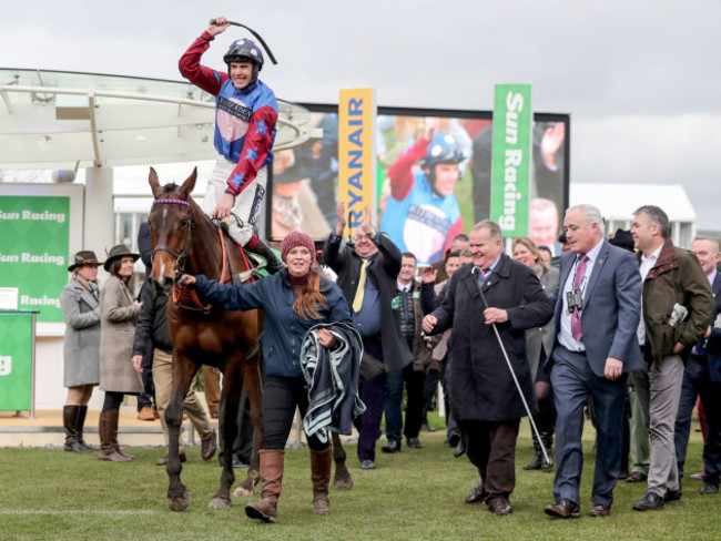 Aidan Coleman onboard Paisley Park celebrates winning