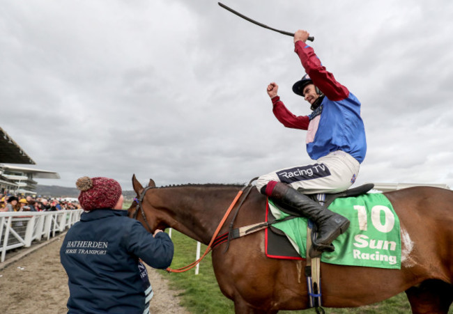 Aidan Coleman onboard Paisley Park celebrates winning