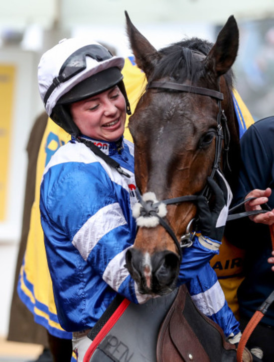 Bryony Frost celebrates winning with Frodon