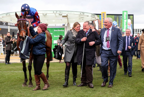 Aidan Coleman, Emma Lavelle and Andrew Gemmell celebrate winning with Paisley Park