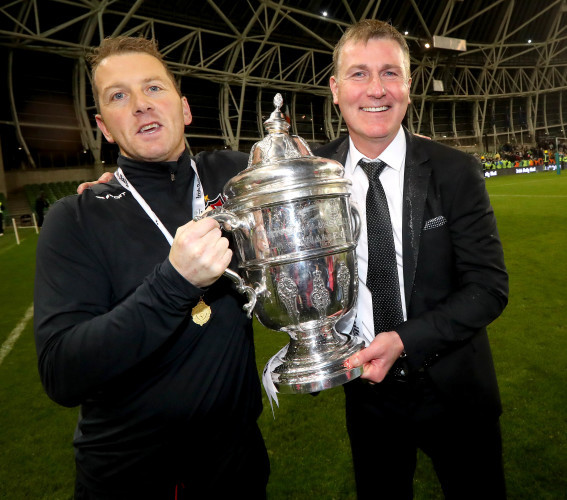 Stephen Kenny and Vinny Perth celebrate with The Irish Daily Mail FAI Cup