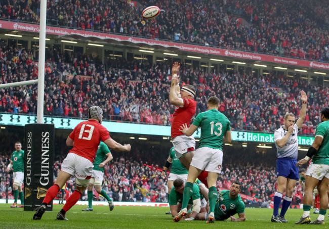 Hadleigh Parkes celebrates scoring their first try with Jonathan Davies