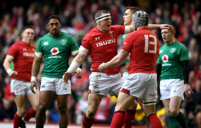 Hadleigh Parkes celebrates scoring a try with Jonathan Davies