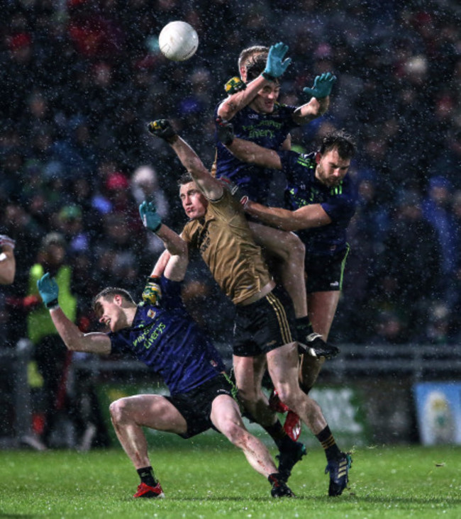 Mark Griffin and Gavin Crowley contest a high ball against Matthew Ruane, Diarmuid O’Connor and Aidan O’Shea