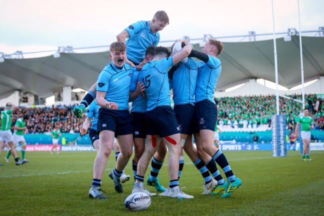 St Michael's celebrate the try of Rob Gilsenan