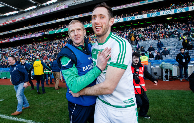 Henry Shefflin celebrates at the final whistle with Michael Fennelly