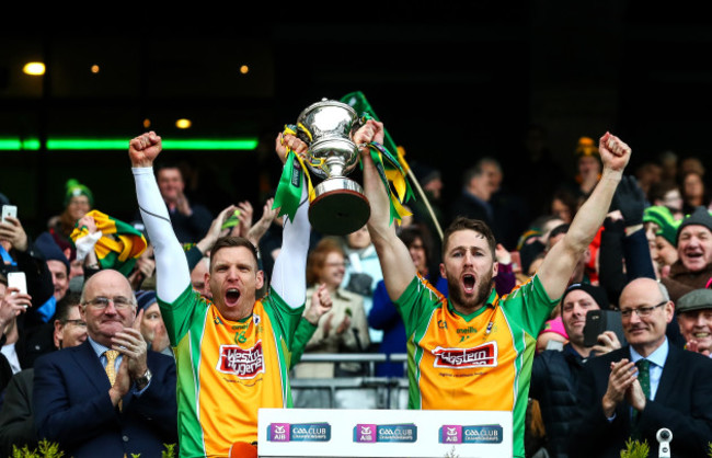 Ciaran McGrath and Michael Lundy lift The Andy Merrigan Cup