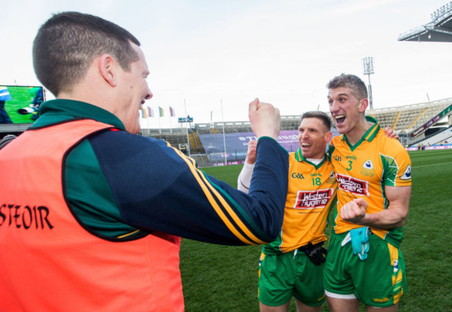 Kieran Fitzgerald celebrates after the game with manager Kevin O'Brien and Ciaran McGrath