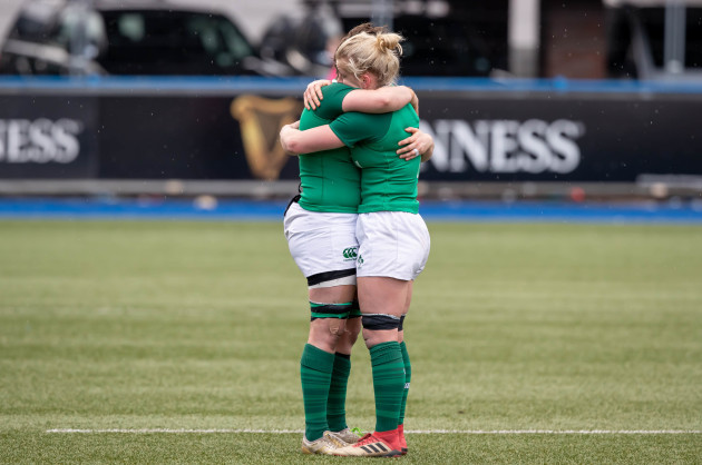 Ciara Griffin and Claire Molloy console each other after the game