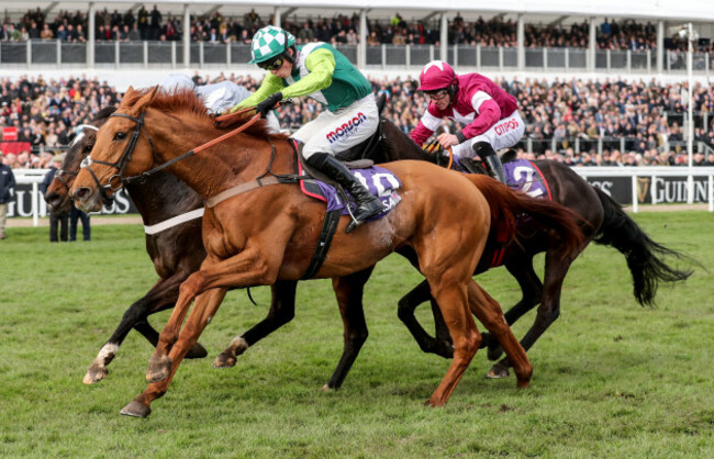 Harry Cobden on Topofthegame wins the RSA Insurance Novices' Chase ahead of Nico de Boinville on Santini and Davy Russell on Delta Work