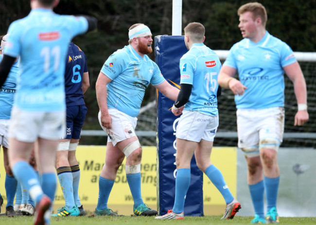 Andrew Keating celebrates his try