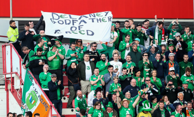 Ireland fans hold a banner in protest of FAI Chief Executive John Delaney