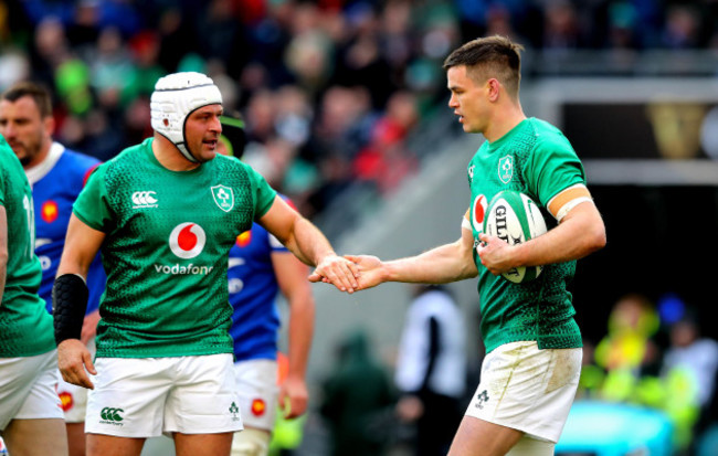 Jonathan Sexton celebrates scoring their second try with Rory Best