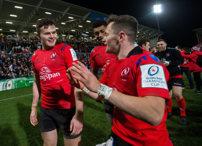 Jacob Stockdale celebrates after the game with Michael Lowry