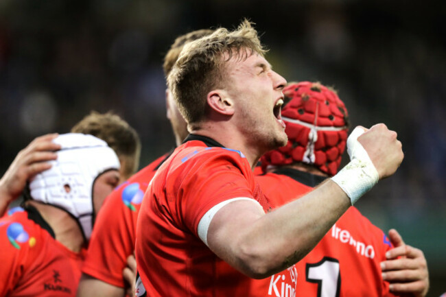 Kieran Treadwell celebrates scoring their first try