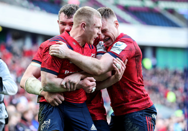 Keith Earls celebrates his second try with Peter O'Mahony and Rory Scannell