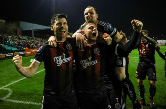 Dinny Corcoran celebrates scoring the first goal from a penalty