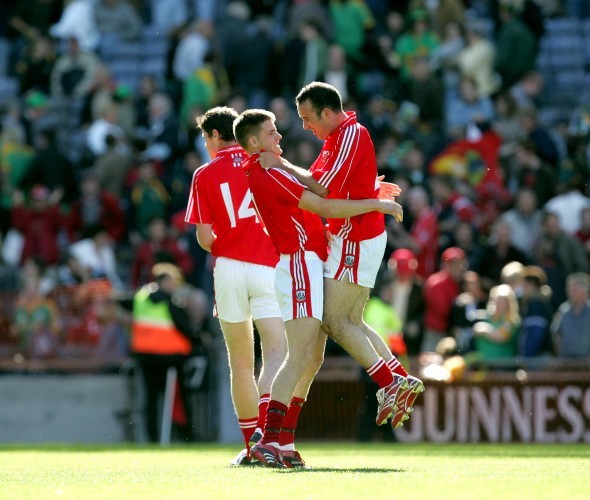 Kieran O'Connor jumps into the arms of Eoin Cadogan at the final whistle