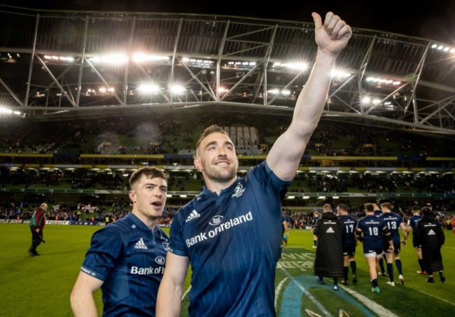 Luke McGrath and Jack Conan celebrate after the game